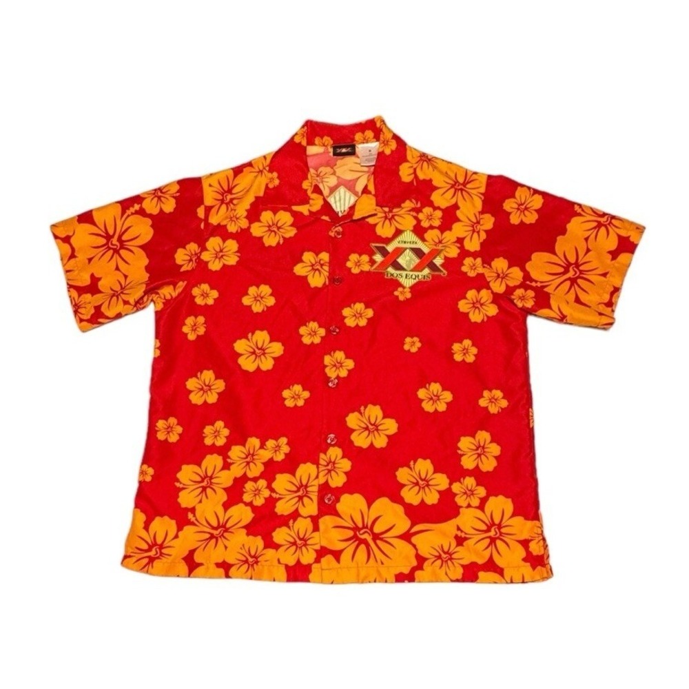 Cerveza Dos Equis‎ Red Hawaiian Beer Shirt Floral Print Men's Size Medium